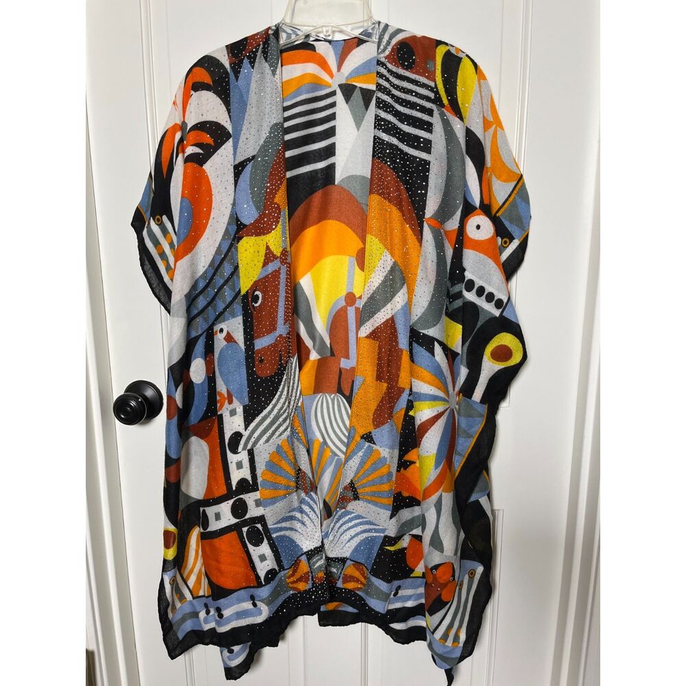 Jessica McClintock Abstract Animal Kimono Cardigan Modernist Art to Wear Ruana